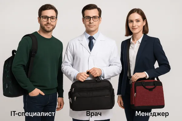 IT-специалист с рюкзаком, врач с сумкой с карманами, менеджер с сумкой через плеч